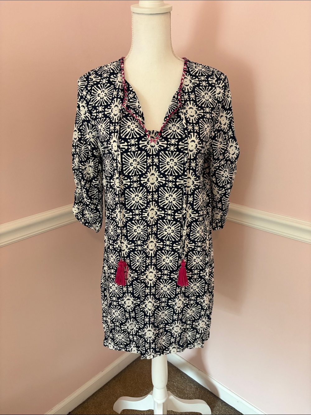 Navy & White Tassel Tunic/Cover-Up with Pink Accents